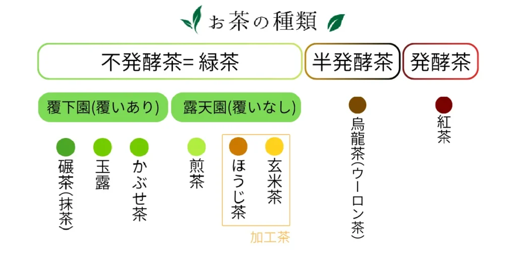 お茶の種類、不発酵茶=緑茶、半発酵茶、発酵茶